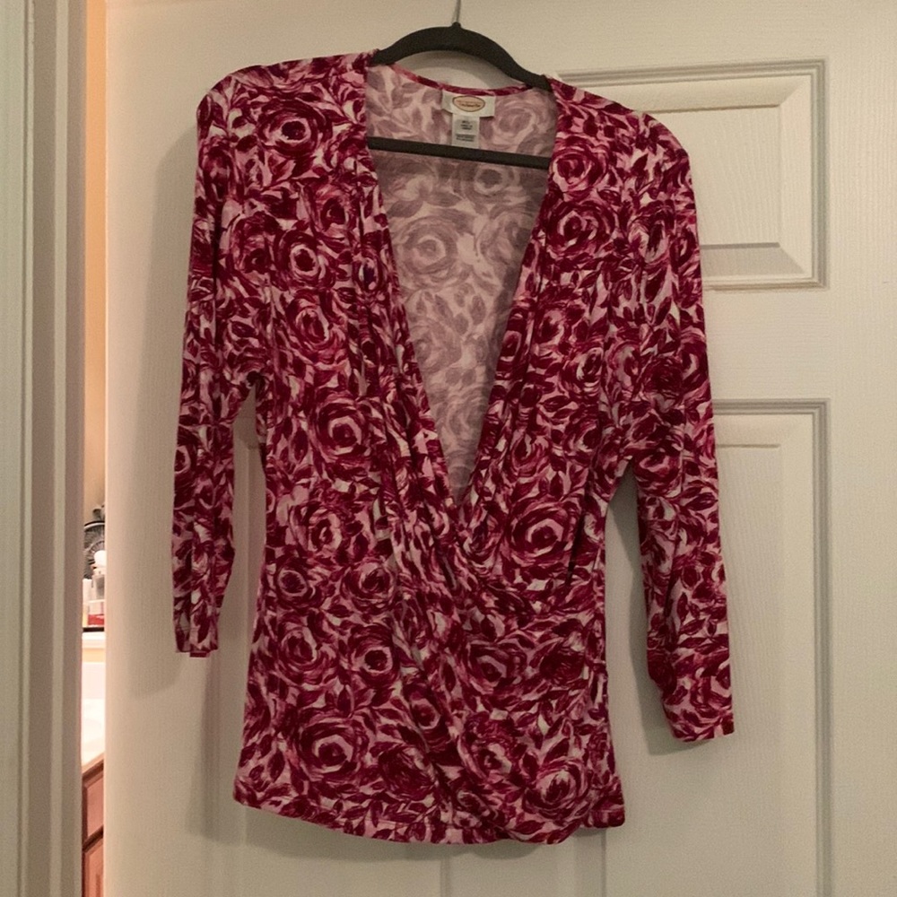 Jersey knit drape front floral top